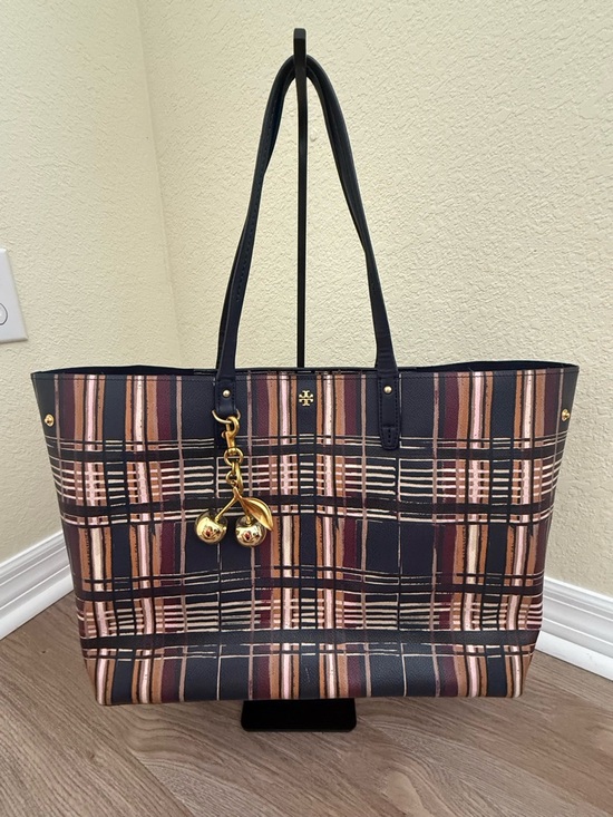Tory Burch Handbags - Tory Burch Navy Plaid Tote with Multicolor Stripes